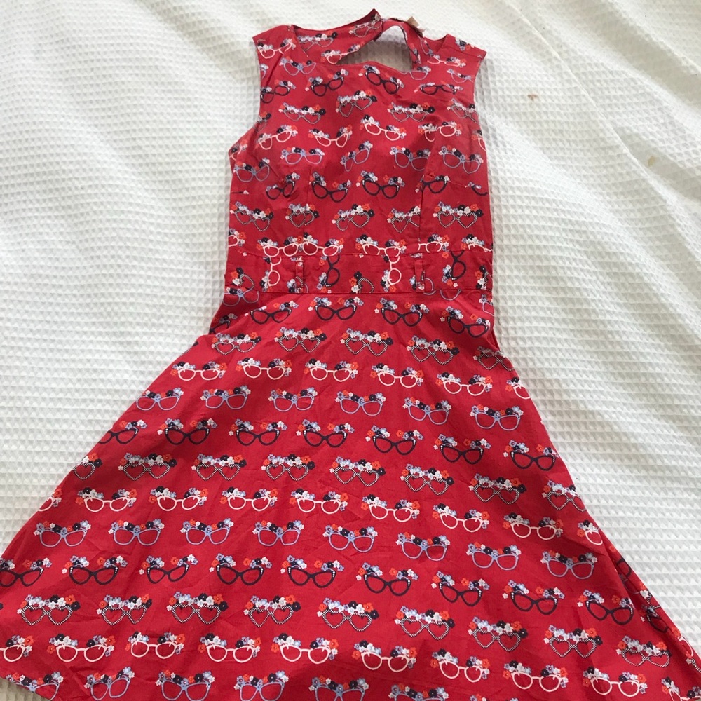 Vintage red cotton dress with glasses print, small